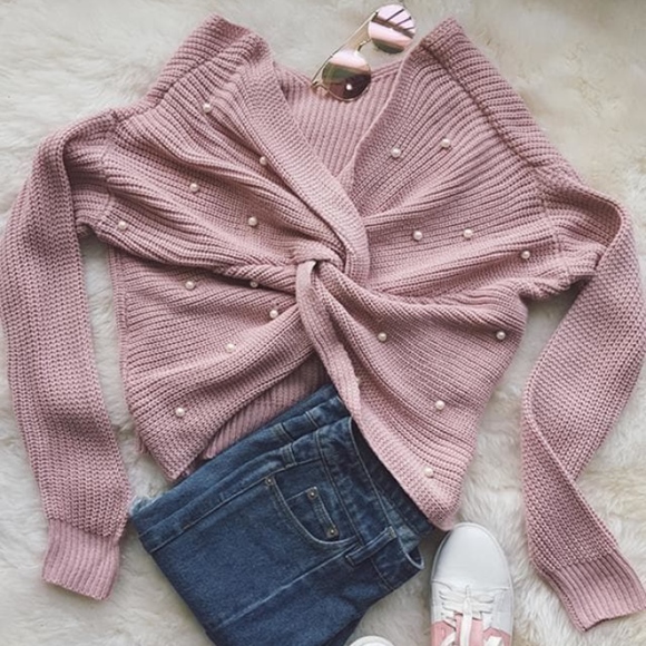 Wear 2 Ways Pearl Twist Knot Cross Pink Sweater - Picture 6 of 8